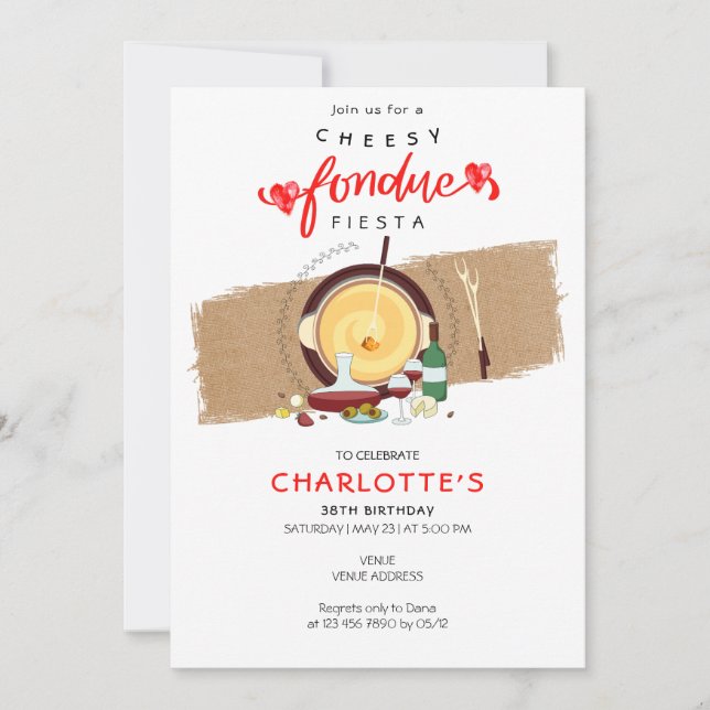 Invitation Fromage Fondue Fiesta Coeurs Pot Fondue Vin (Devant)