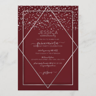 Invitation Frontière de Quinceañera en Argent Rouge Bourgogne