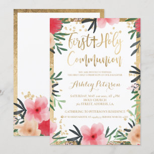 Invitation Frontière d'or floral rose rouge Première communio