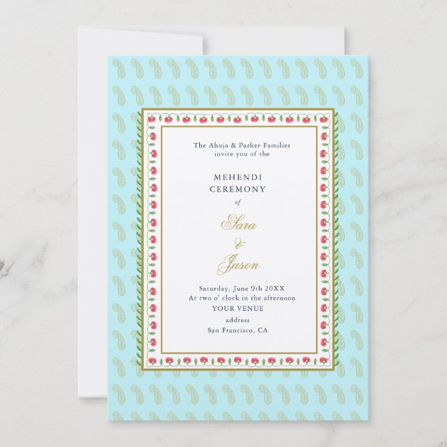 Invitation Frontière florale Aqua & Gold mariage indien Mehen (Devant)
