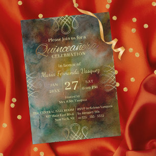 Invitation Frontière Gold Filigree Dreamy Aquarelle Quinceañe