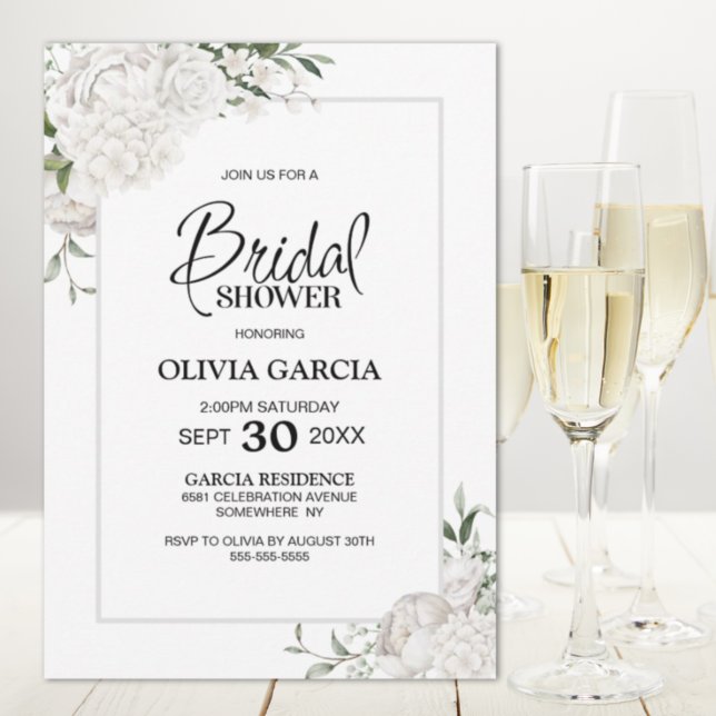 Invitation Frontière gris Blanc Floral Douche nuptiale Invita (Créateur téléchargé)