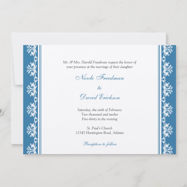 Invitation Frontière perlée bleue Ecru filigree mariage perso (Devant)