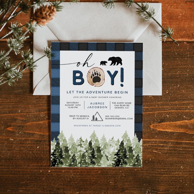 Invitation FROST Blue Flannel Pine Lumberjack Baby shower gar (Créateur téléchargé)