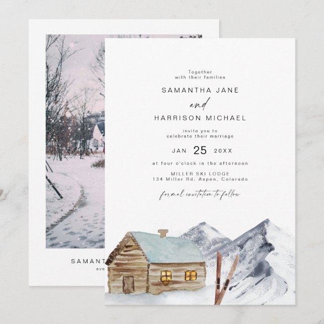 Invitation FROST Mountain Ski Cabine Snowy Winter Wedding (Devant / Derrière)