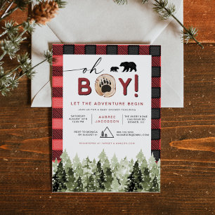 Invitation FROST Red Flannel Pine Bear Baby shower garçon