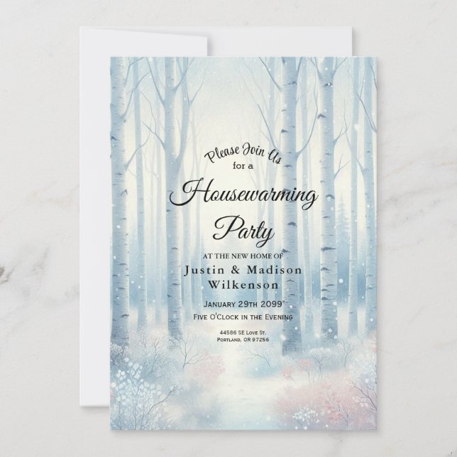 Invitation  Frosted Blue Birch Forest Housewarming Party (Devant)
