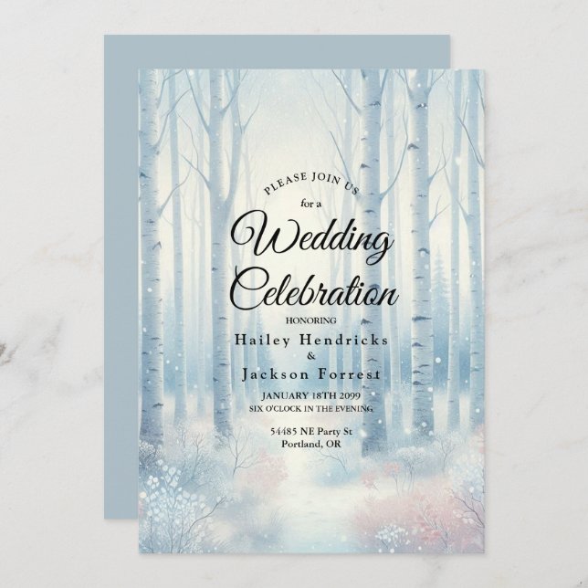 Invitation Frosted Blue Birch Forest Wedding (Devant / Derrière)