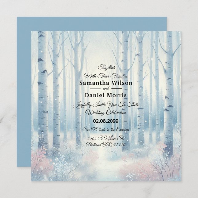 Invitation Frosted Blue Birch Forest Wedding (Devant / Derrière)
