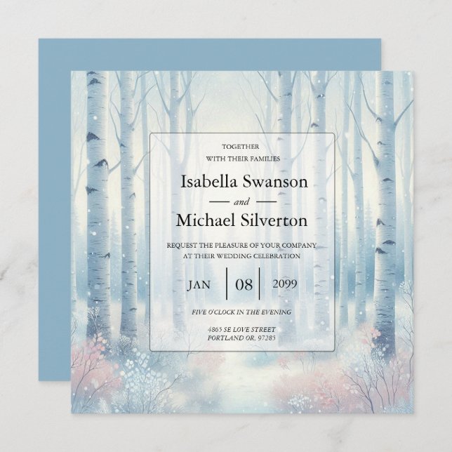 Invitation Frosted Blue Birch Forest Wedding (Devant / Derrière)