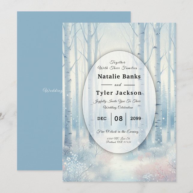 Invitation Frosted Blue Birch Forest Wedding (Devant / Derrière)