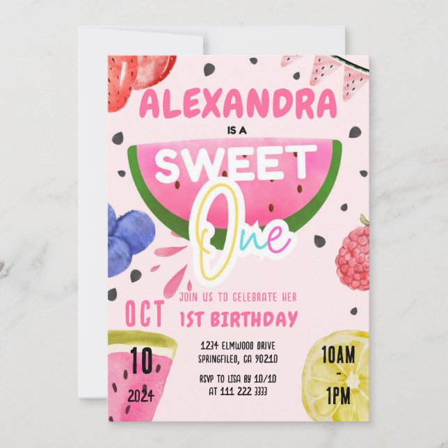 Invitation Fruit 1er Anniversaire Fille Sweet One Tutti Frutt (Devant)