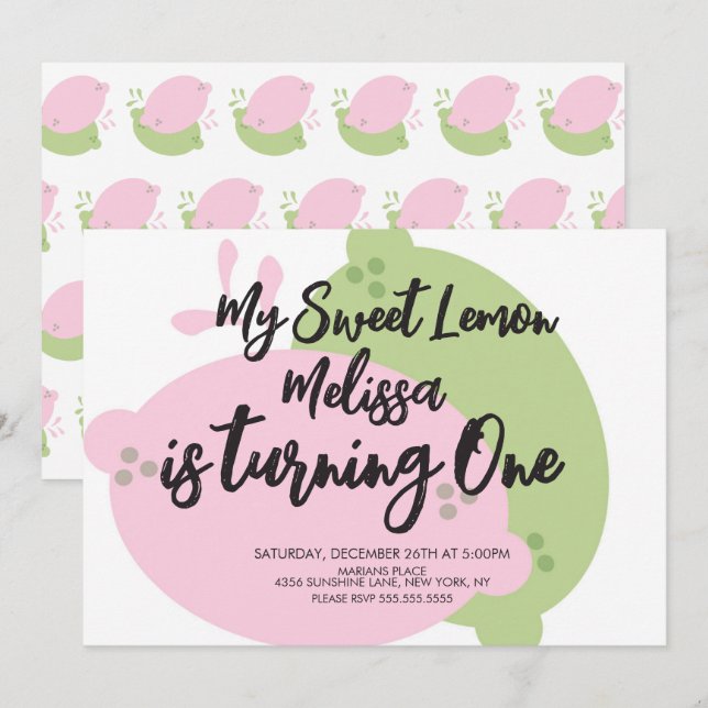 Invitation Fruit de citron vert rose Premier anniversaire (Devant / Derrière)