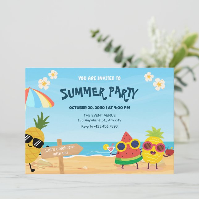 Invitation Fruit de dessin animé de plage d'été enjoué (Debout devant)