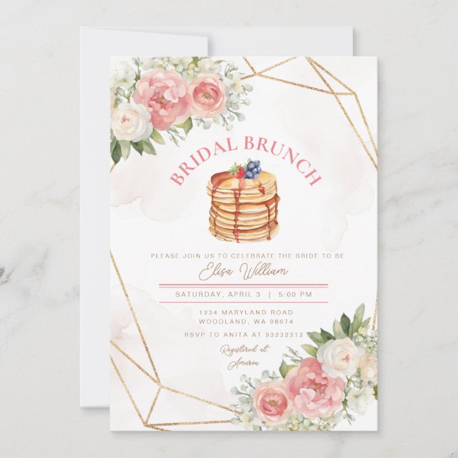 Invitation Fruit Pancake Rose Florales Fête des mariées Brunc (Devant)