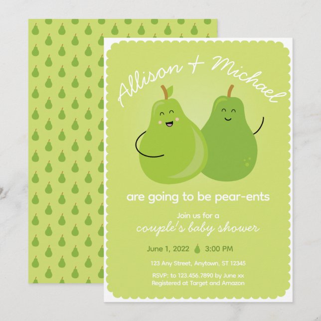 Invitation Fruit Thème Pear Couples Baby shower mixte (Devant / Derrière)