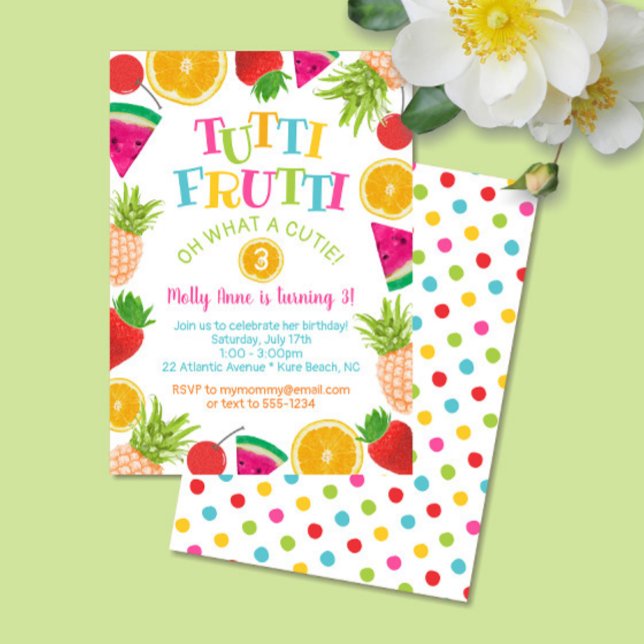 Invitation Fruits d'aquarelle Cute Tutti Fruits d'anniversair (Tutti Frutti Colorful Polka Dots Birthday Invitation)