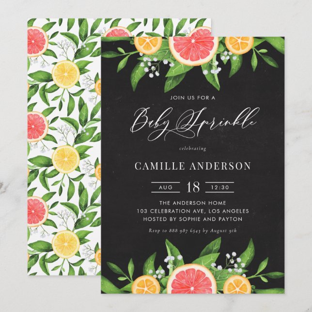 Invitation Fruits de raisin et Oranges Chalkboard Bébé saupou (Devant / Derrière)