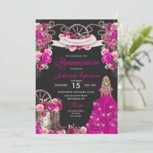 Invitation Fuchsia & Black Cowgirl Western Charro Quinceanera