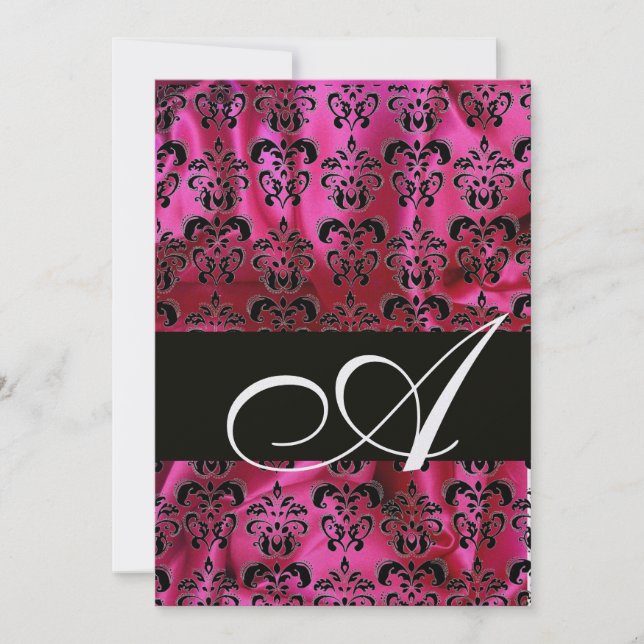 Invitation FUCHSIA BLACK SILK DAMASK MONOGRAM, Glace blanche (Devant)