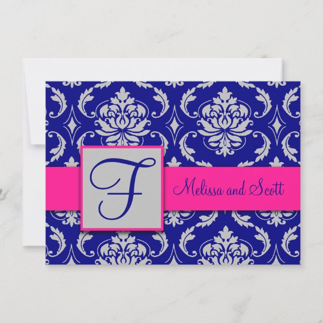 Invitation Fuchsia Bleu Marine Argent Damassé Économisez la D (Devant)