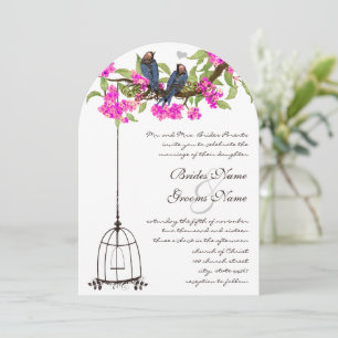 Invitation Fuchsia Cerisier Fleurs d'Amour Oiseaux Cage à Ois