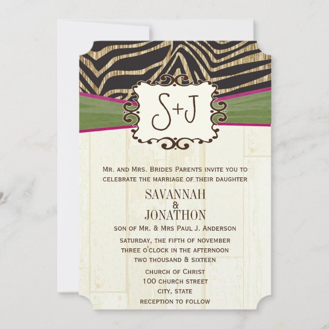 Invitation Fuchsia et Olive Barn Wood Zebra Imprimer Mariage (Devant)