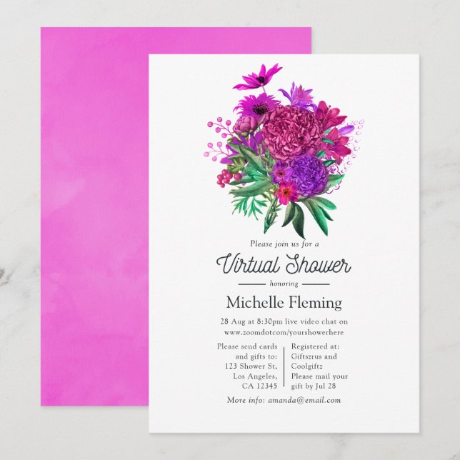 Invitation Fuchsia et Purple Shabby Floral Douche virtuelle (Devant / Derrière)