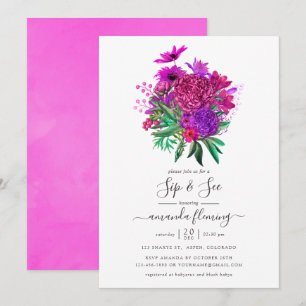 Invitation Fuchsia et Violet Floral Shabby Sip and See