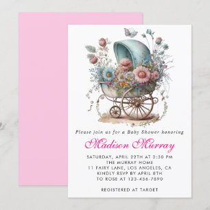Invitation Fuchsia Fleurs Bébé Fille Naissance Rose