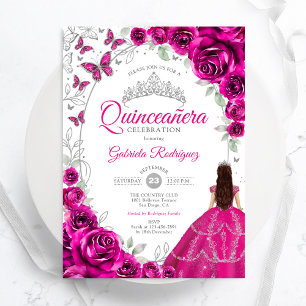 Invitation Fuchsia Floral Rose Quinceanera Argent Rose