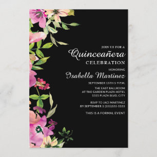 Invitation Fuchsia Floral Sauge Feuilles Vertes Noires Quince