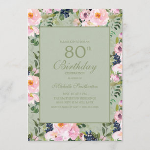 Invitation Fuchsia Floral Vert Menthe 80e Anniversaire