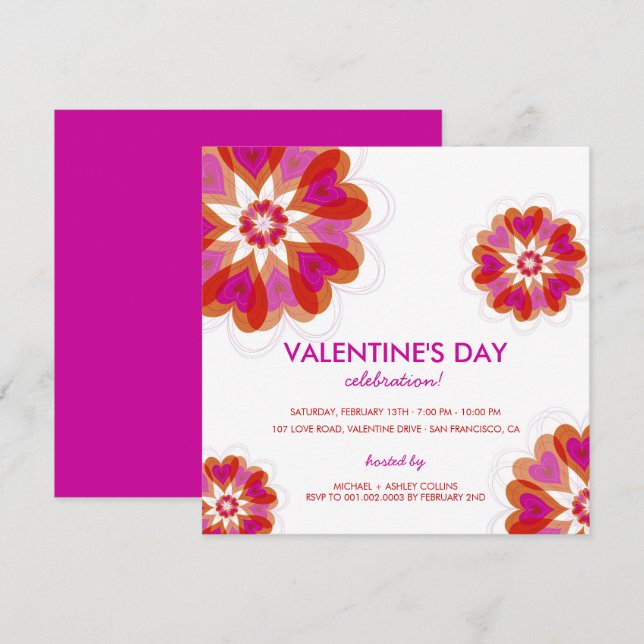 Invitation Fuchsia Flower Love Hearts Saint Valentin Invitati (Devant / Derrière)
