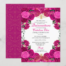 Invitation Fuchsia & Gold Floral Quinceanera Anniversaire