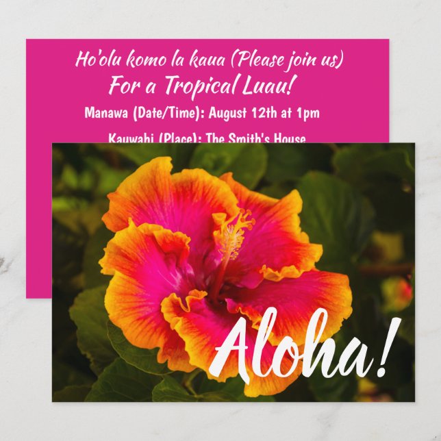 Invitation Fuchsia hawaïenne et Hibiscus orange de Kauai (Devant / Derrière)