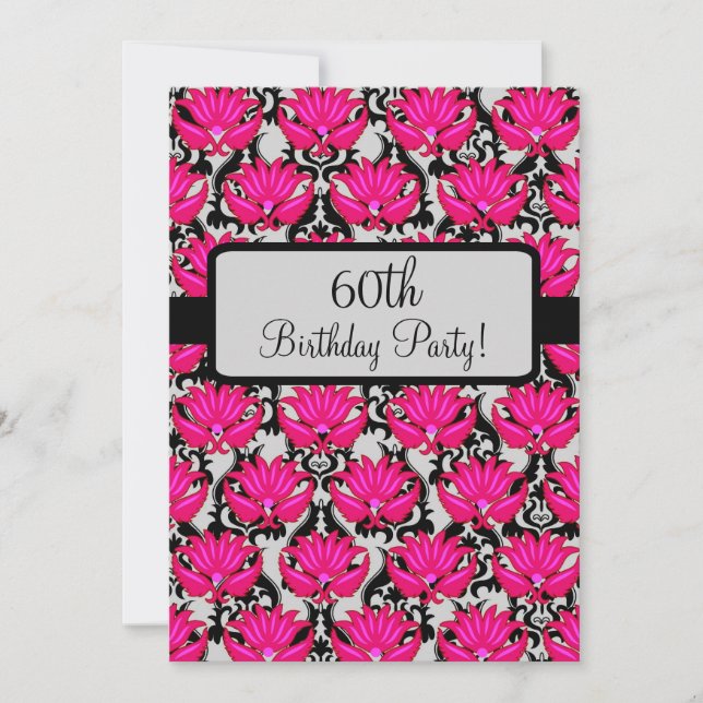 Invitation Fuchsia Pink Black Damask 60e anniversaire (Devant)