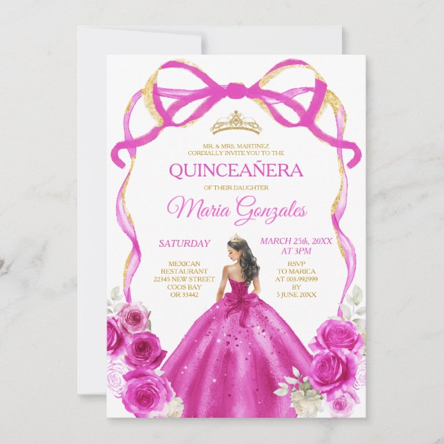 Invitation Fuchsia Pink Bow Princess Gold Crown Quinceañera (Devant)
