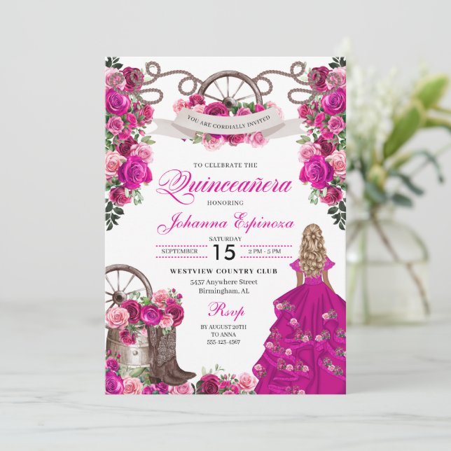 Invitation Fuchsia Pink Cowgirl Western Charro Quinceanera (Debout devant)