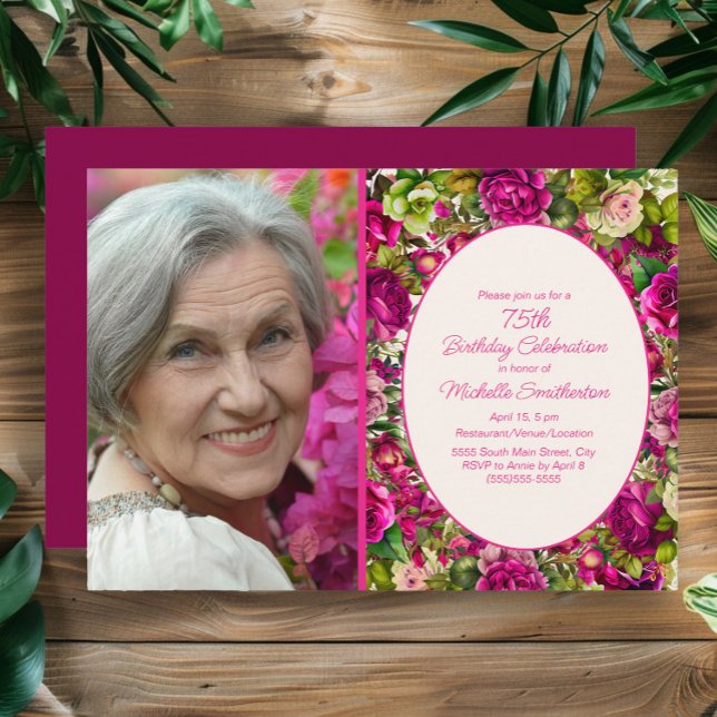 Invitation Fuchsia Pink Floral 75e anniversaire Photo (Fuchsia/pink 75th birthday party photo invitation)