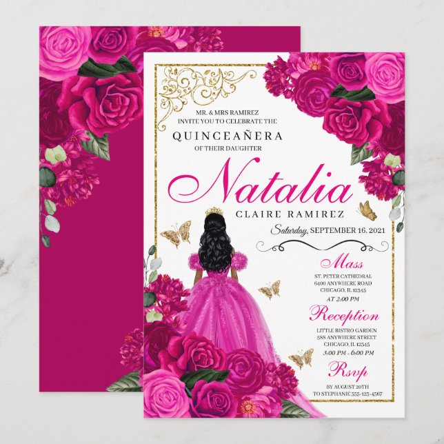 Invitation Fuchsia Pink Gold Princess Butterflies Quinceañera (Devant / Derrière)
