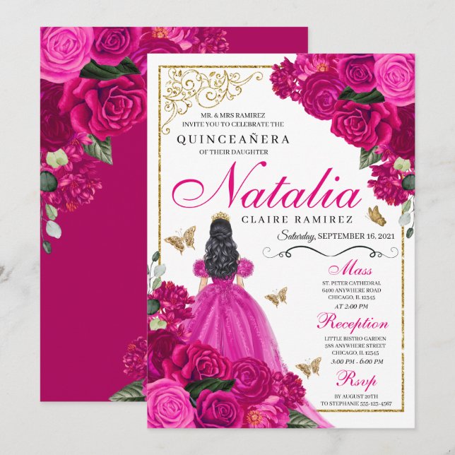 Invitation Fuchsia Pink Gold Princess Butterflies Quinceañera (Devant / Derrière)