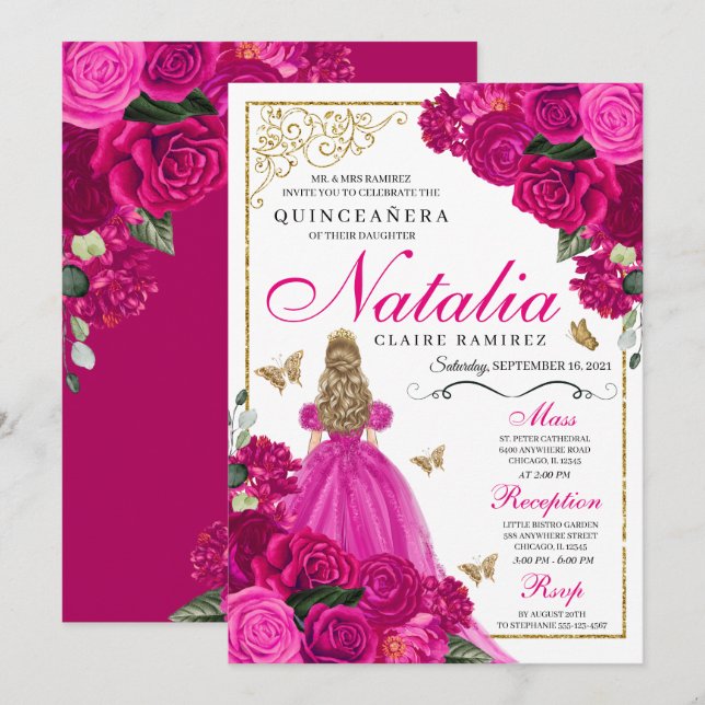 Invitation Fuchsia Pink Gold Princess Butterflies Quinceañera (Devant / Derrière)