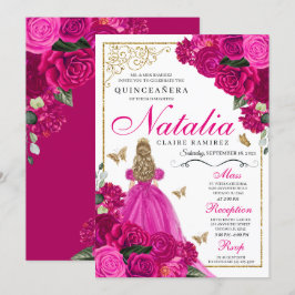 Invitation Fuchsia Pink Gold Princess Butterflies Quinceañera