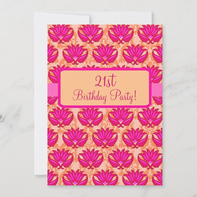 Invitation Fuchsia Pink Orange Damask 21ème anniversaire (Devant)