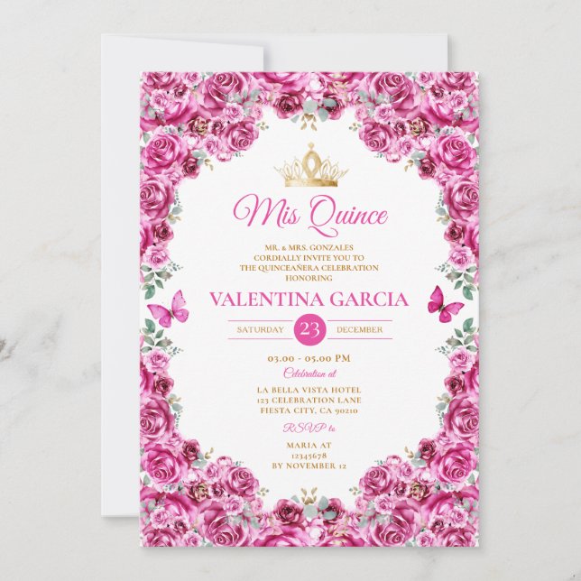 Invitation Fuchsia Pink Quinceañera 15 Anos Floral Gold Crown (Devant)