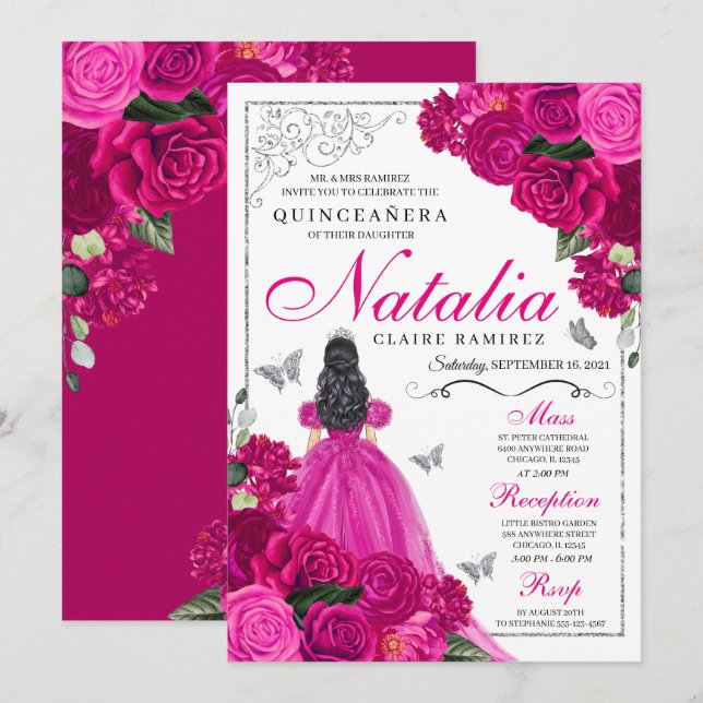 Invitation Fuchsia Pink Silver Princess Butterfly Quinceañera (Devant / Derrière)