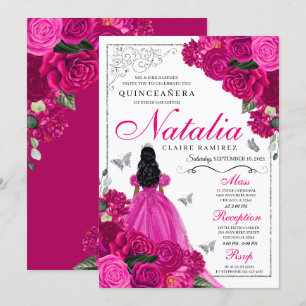 Invitation Fuchsia Pink Silver Princess Butterfly Quinceañera