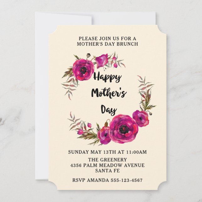 Invitation Fuchsia Poppies Floral Wreath Fête des Mères Brunc (Devant)