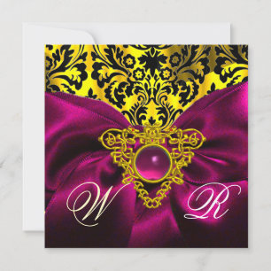 INVITATION FUCHSIA RIBBON GOLD CELTIC HEART DAMASK MONOGRAS